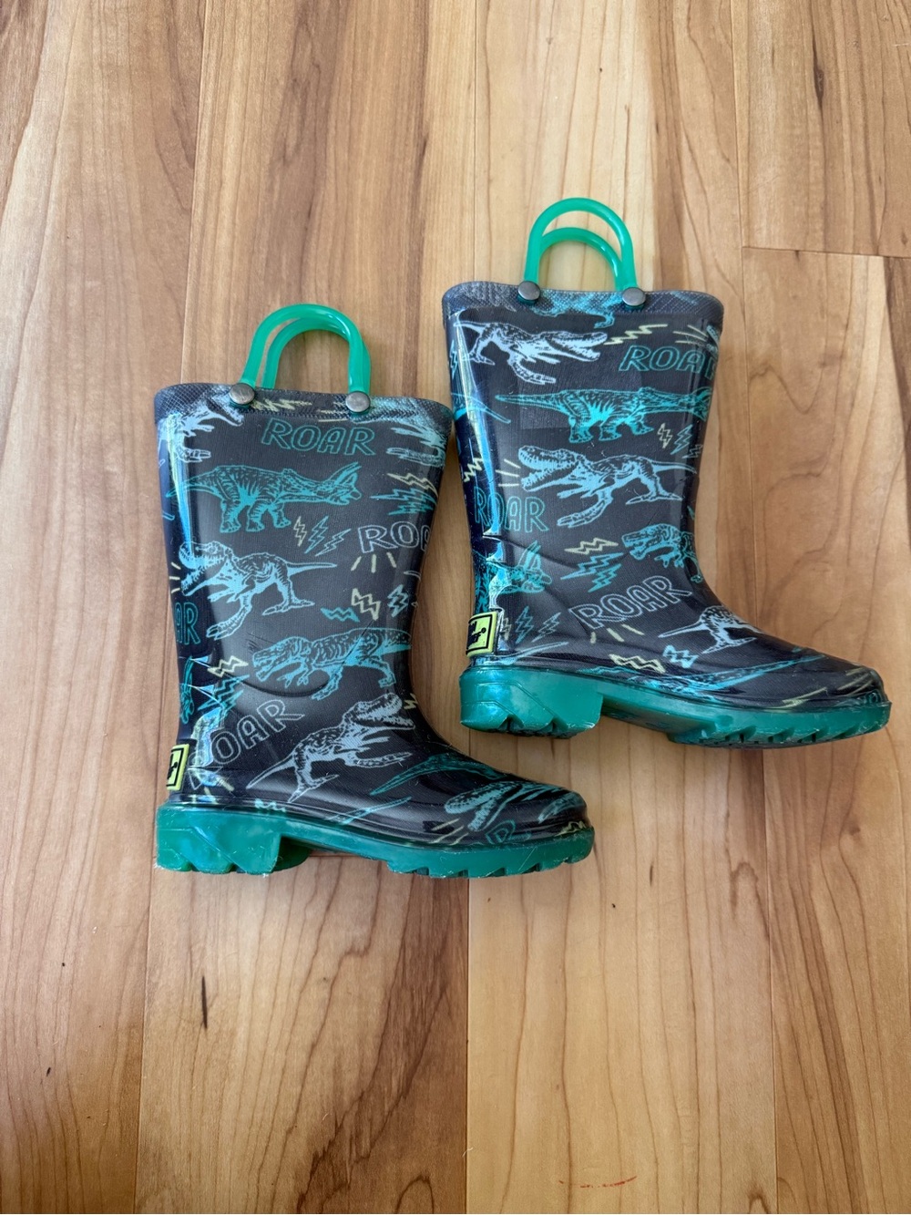 Western Chief Charcoal Rain Boots with Teal Dinosaur Accents